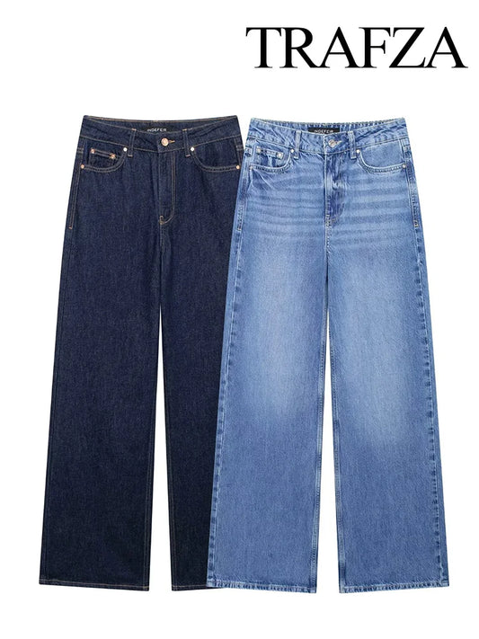 TRAFZA Frauen Mode Taschen Hochhaus Lose Jeans Weiblichen Sommer Elegante High Street Verziert Beiläufige Gerade Breite Bein Hosen