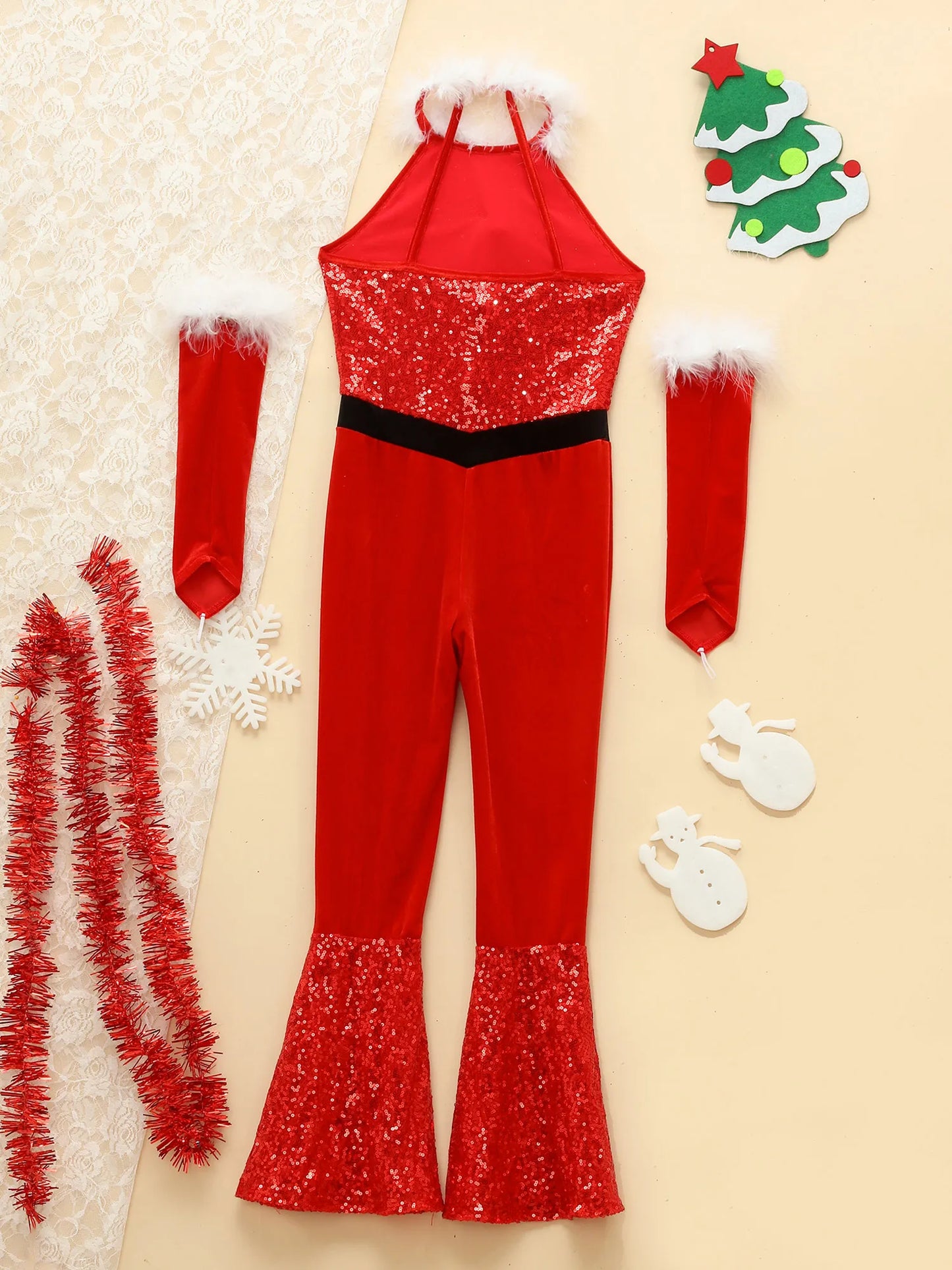 Girls Christmas Costume Santa Claus Velvet Sequins Bell Bottoms Jumpsuit with Arm Sleeve Merry Xmas Holiday Festive Outfits