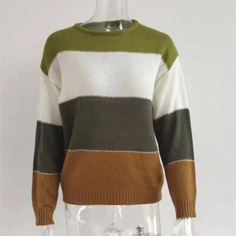 Herbst Winter Warme Farbe Blockieren Pullover Frauen Neue Laterne Langarm Strickwaren O Neck Jumper Weibliche Beiläufige Lose Gestrickte Tops