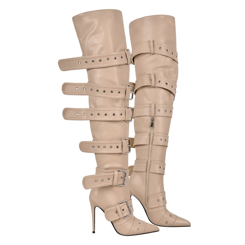 Only maker Frauen Schnalle Riemen über dem Knie Stiefel dünne High Heel Lady Reiß verschluss weibliche Oberschenkel hohe spitze Zehen Stiletto Stiefel