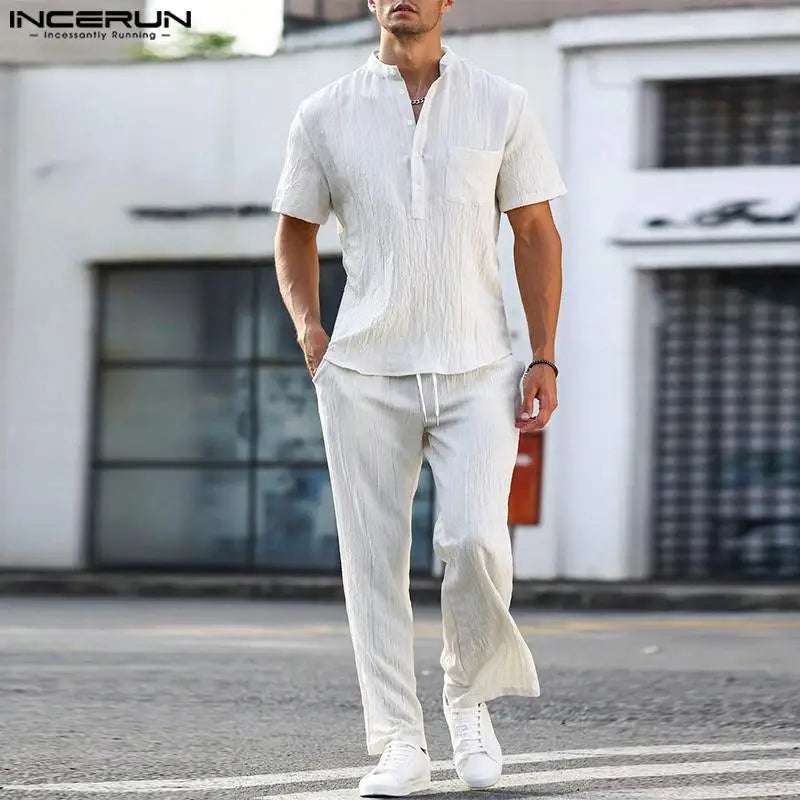 INCERUN Men Sets Solid Color Summer Stand Collar Short Sleeve Shirt & Pants 2PCS Streetwear 2024 Fashion Men Casual Suits S-5XL