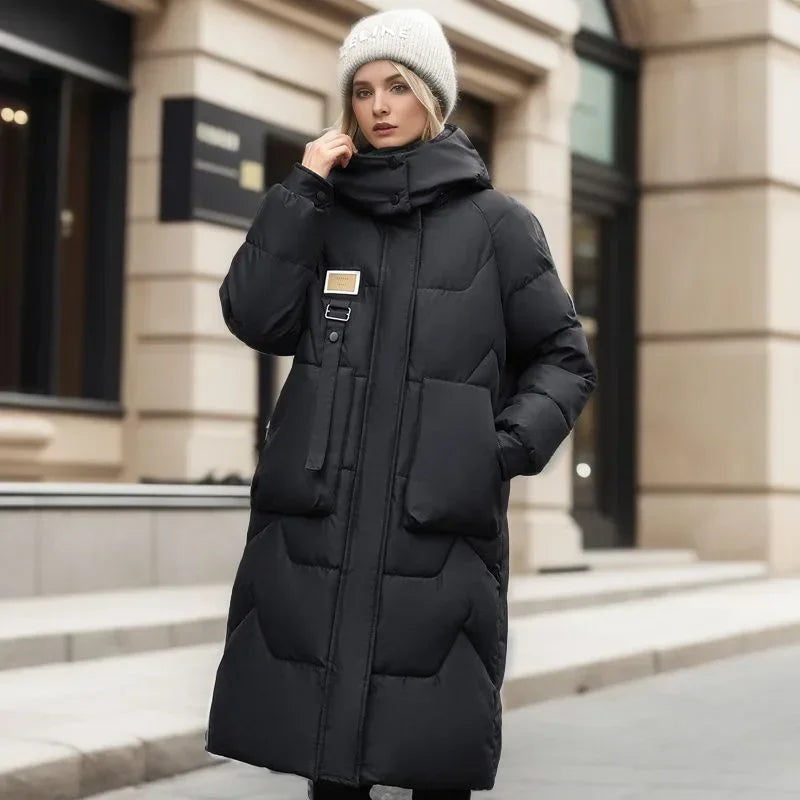 2024 Winter Parka Woman Long Jacket Hooded Thicken Loose Zipper Pockets Warm Snow Wear New Casual Female Down Cotton Padded Coat