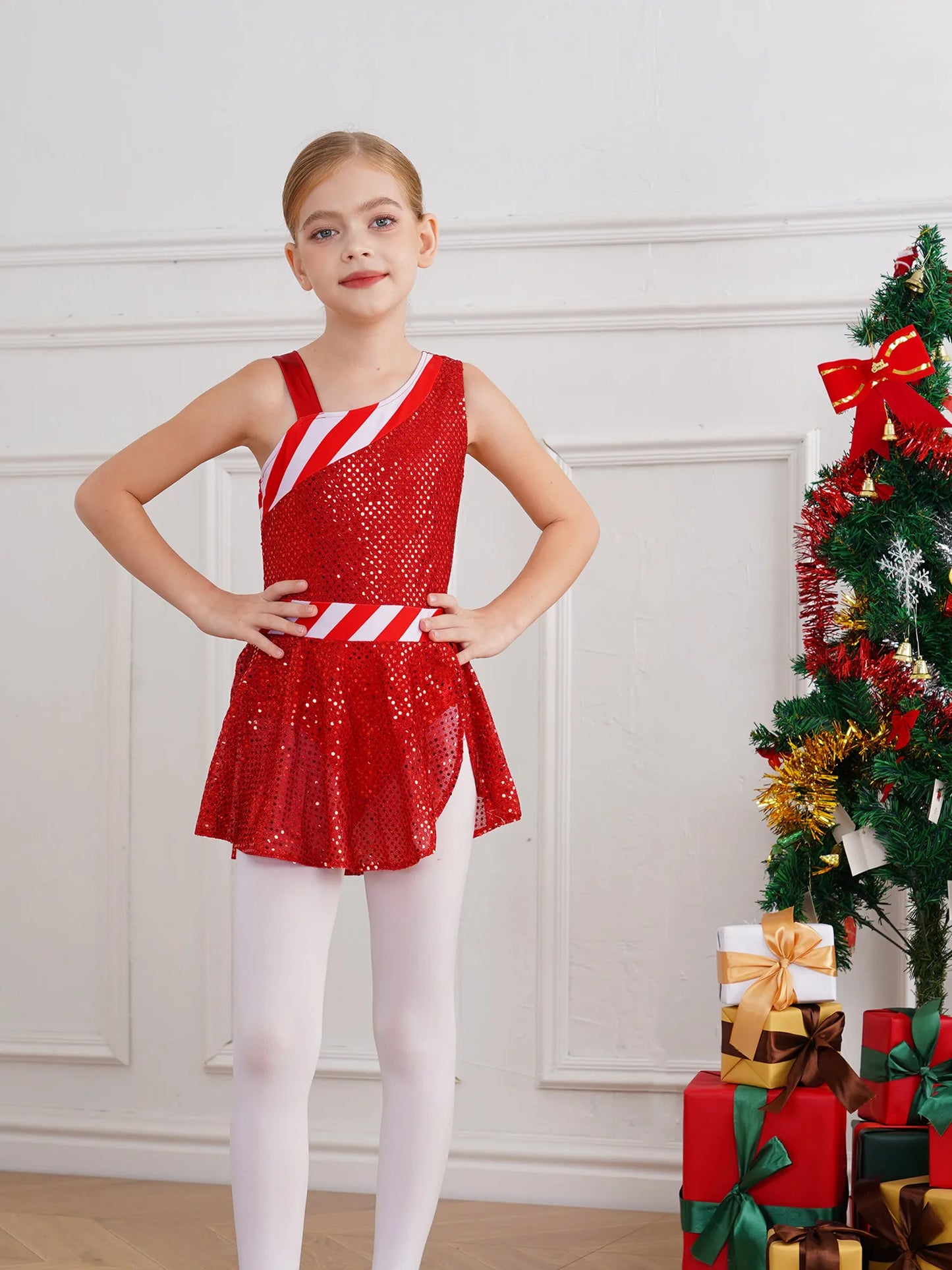 Kids Girls Shiny Sequins Christmas Dance Dresses Xmas Santa Claus Candy Cane Costume Figure Ice Skating Performance Dress