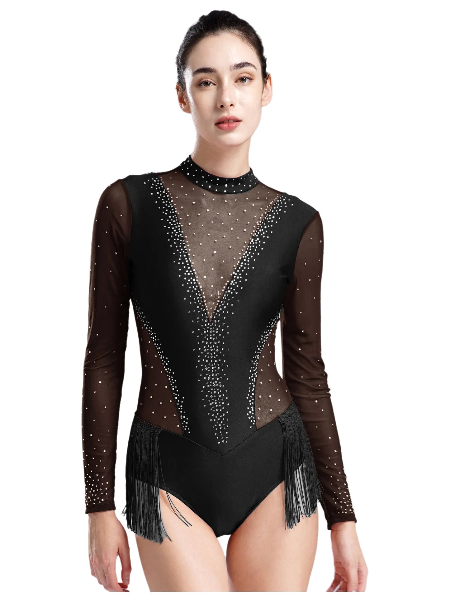 Damen glänzende Strass Figur Eislaufen Wettbewerb Kostüm Ballett Tanz Gymnastik Trikot Quaste Bodysuit Dance wear