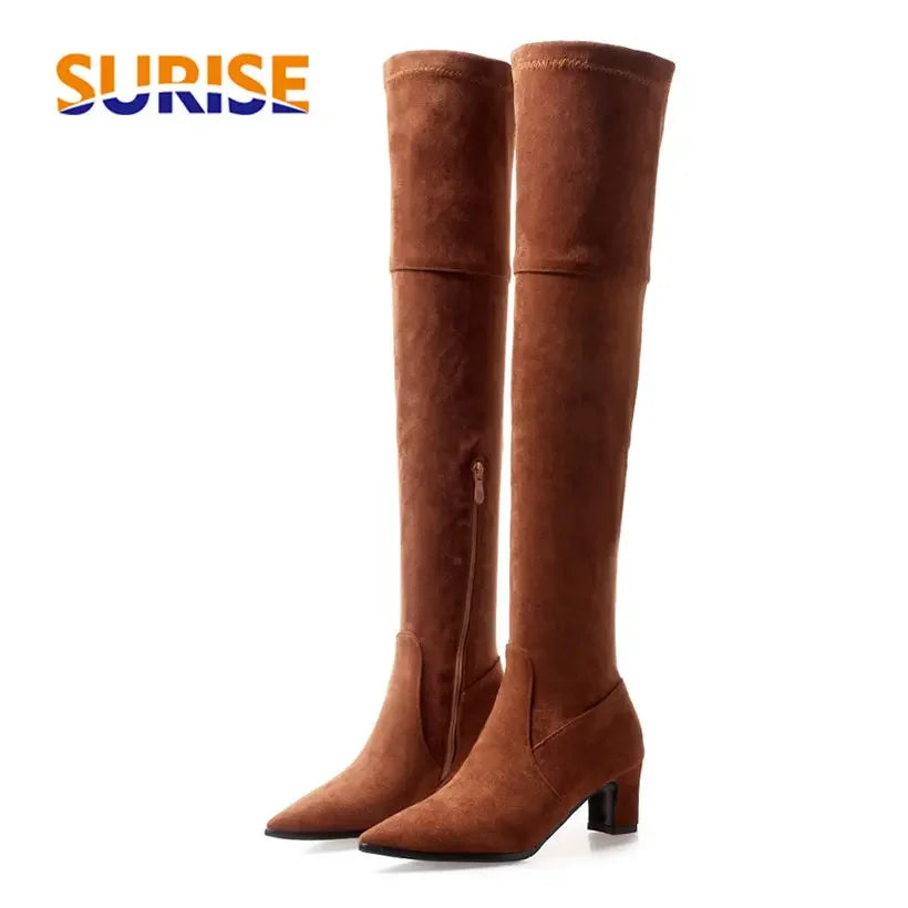 Winter Herbst Frauen Stretch über Knie Stiefel 6cm Block klobig High Heel schwarz grau Herde spitzen Zehen Dame Reiß verschluss Oberschenkel hohe Stiefel