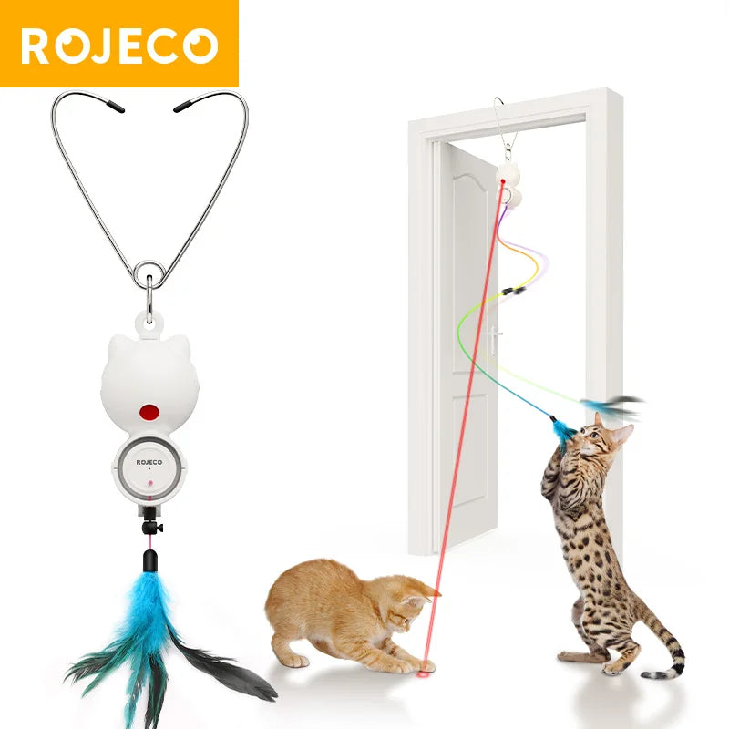 ROJECO 2-in-1-Katzenspielzeug, automatisches Katzen-Laserspielzeug, einziehbare hängende Feder, Katzenstäbchen, Haustier, Kätzchen, selbsthey, interaktives lustiges Spielzeug