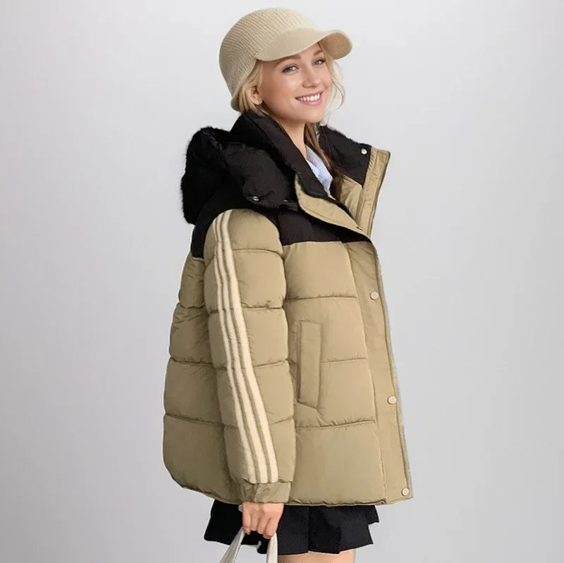 2024 neue Winter Damen jacke Kontrast lässig Kapuze Daunen Baumwoll jacke weiblich verdicken warme lose Puffer gepolsterte Parkas Mäntel