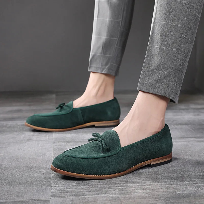 Men's Casual Shoes Nubuck Genuine Leather Men Trendy Bowknot Party Wedding Loafers Flats Mens Driving Moccasins EUR Sizes 38-48