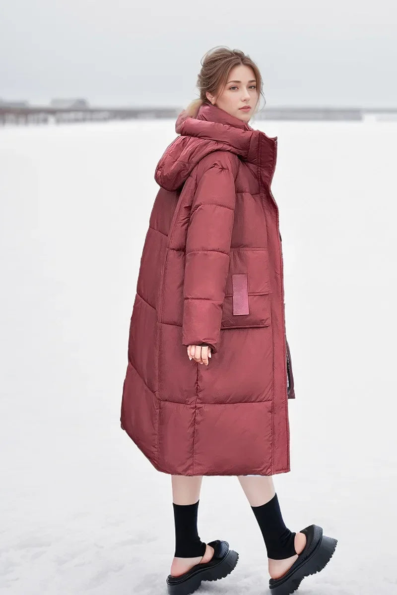 2024 neue Frau Daunen Baumwoll jacke Winter langen Mantel Kapuze große Taschen Mode warme dicke Reiß verschluss Mantel weiblichen Wintermantel