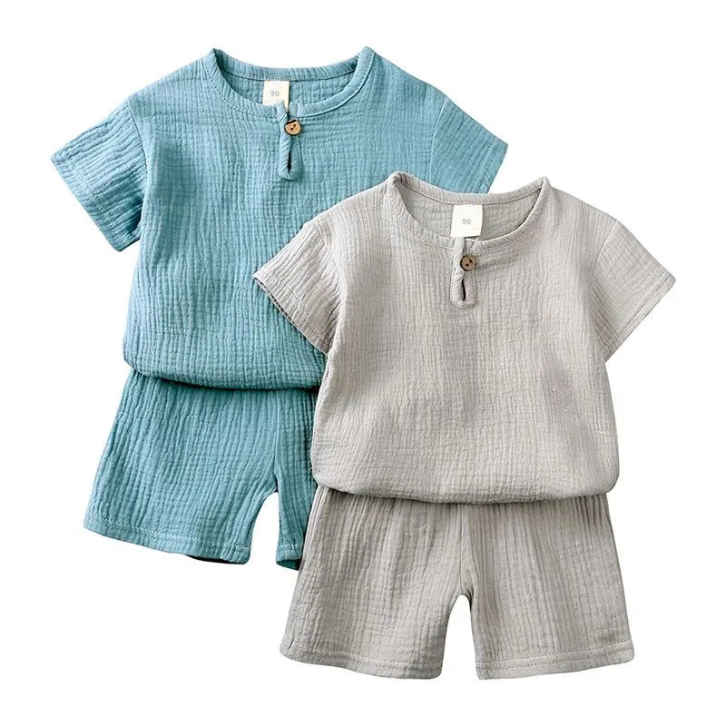 Jungen Mädchen Sommer Outfits Kleidung Baby Musselin Baumwolle Kurzen Ärmeln Hemd Shorts Anzüge Kinder Top + Hosen Sets 2 stücke 0-8T