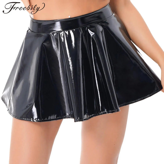 Sexy Lack leder Miniröcke Frauen hohe Taille Plissee Latex A-Linie Kreis Rock Rave Dance Bottoms Clubwear Röcke weiblich