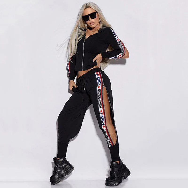 Oshoplive Split-Side Hooded Jackets&Pants Suits Casual Letter Print 2 Piece Set Women Zipper Gym Set Women Leisure Sportswear