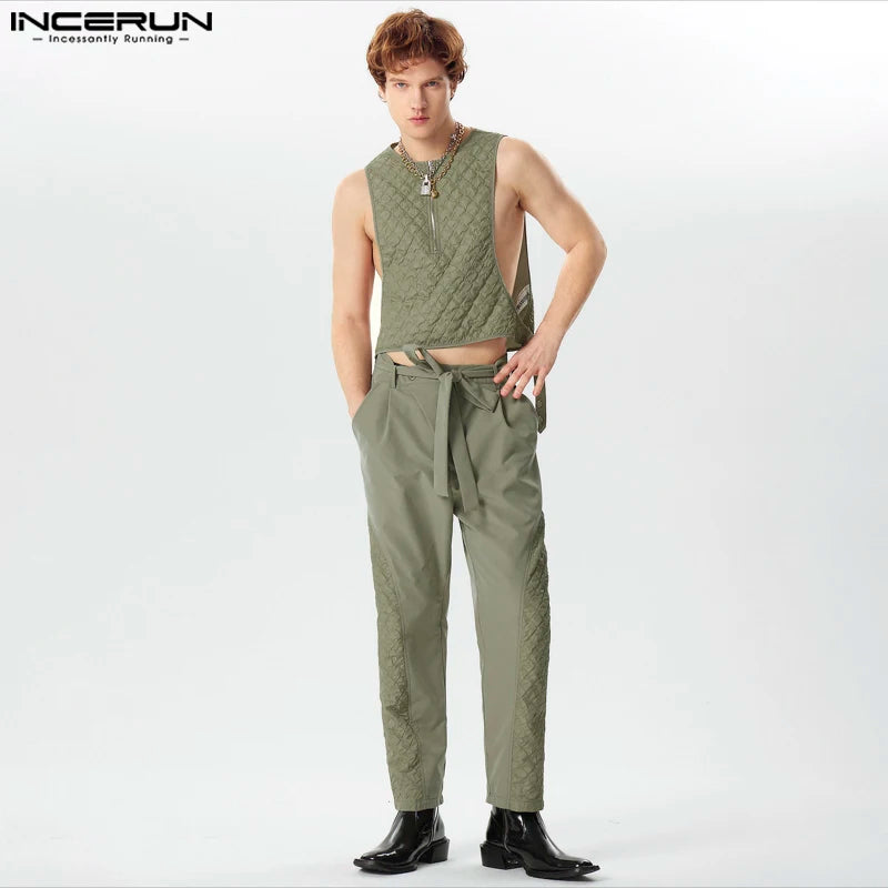 INCERUN Men Sets Patchwork O-neck Sleeveless Zipper Tank Tops & Lace Up Pants 2PCS Streetwear 2024 Fashion Men's Casual Suits