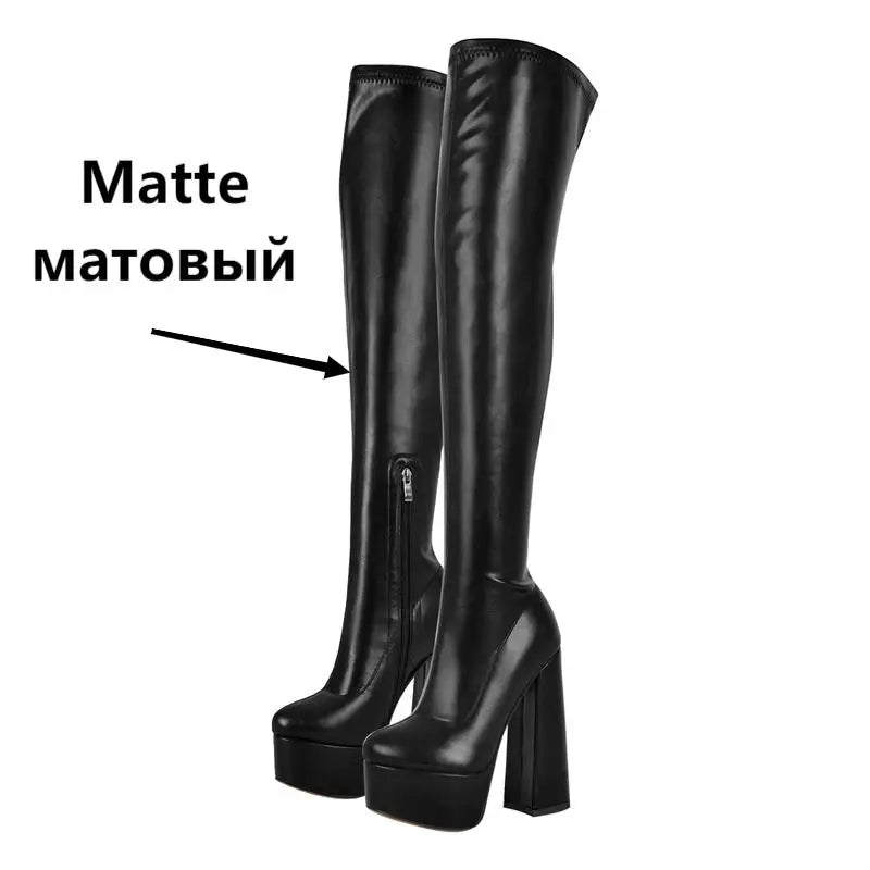 Onlymaker Über Das Knie Stiefel Frauen Schwarz Mate Dicken Plattform High Heels Seite Zipper Punk Stil Karree Mode Party stiefel