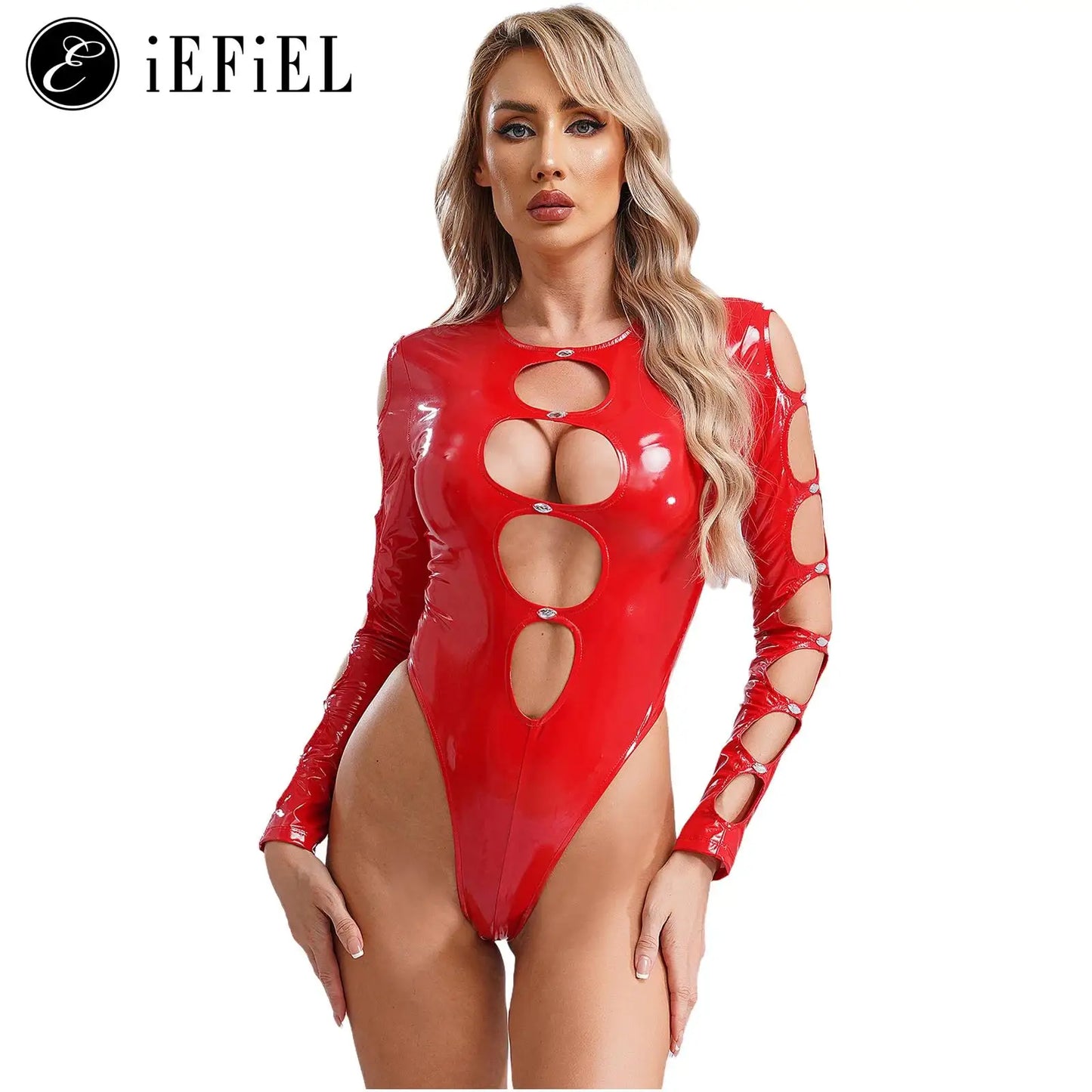 Damen Wetlook Lack leder Teddy Body suits Ausschnitt Loch ausschnitte Langarm High Cut Catsuits für Rave Party Club Dance wear