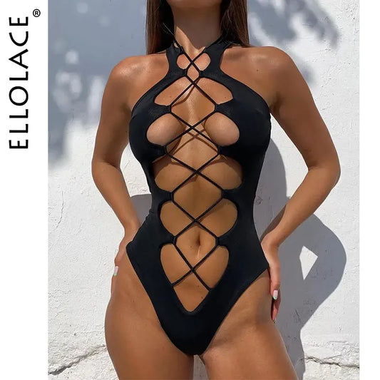Ellolace Bandage Women&#39;s Swimsuit Sexy Hollow Out Swimwear Extreme Microbikini One Piece Bodysuit Whole Halter Bathing Suit