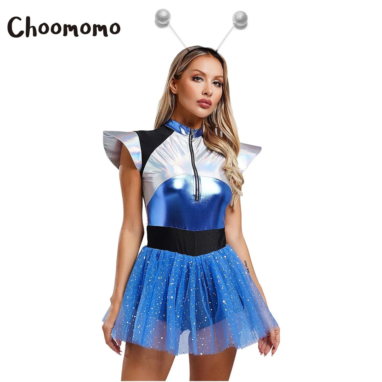 Damen Alien Kostüm Halloween Weltraum Kadett Außer irdische Metallic Tutu Rock Trikot für Cosplay Party Dress Up