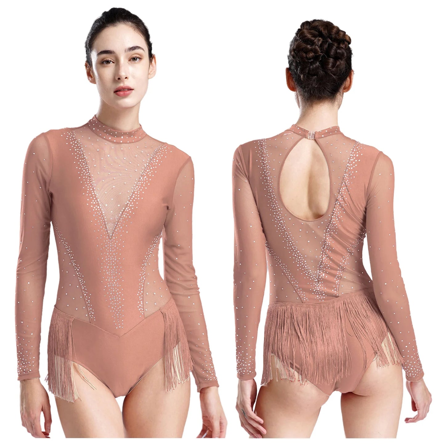 Damen glänzende Strass Figur Eislaufen Wettbewerb Kostüm Ballett Tanz Gymnastik Trikot Quaste Bodysuit Dance wear