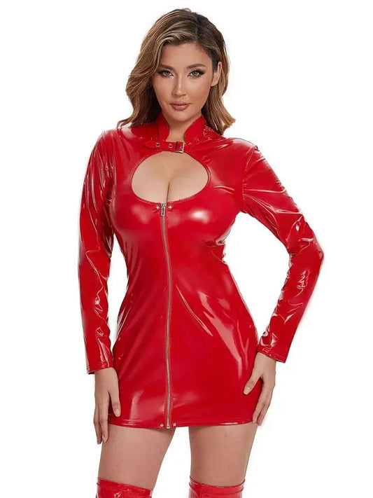 S-5XL Hollow Out Bust Shiny Faux PU Leather Hot Dress Long Sleeve Wet Look PVC Vestido Tight Package Hip Minifalda Sexy Clubwear