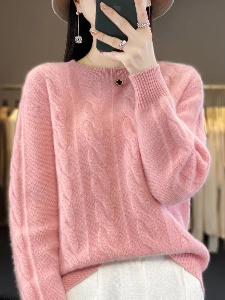 Frauen Winter Pullover 100% Merino Wolle Dicke Warme Oansatz Pullover Twist Blume Kaschmir Strickwaren Casual Koreanische Beliebte Kleidung