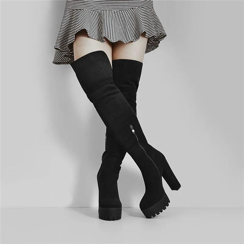 Nur Hersteller über dem Knie Stiefel Frauen schwarze Plattform High Heel Stiletto hohen Reiß verschluss plus Größe hand gefertigte Stiefel