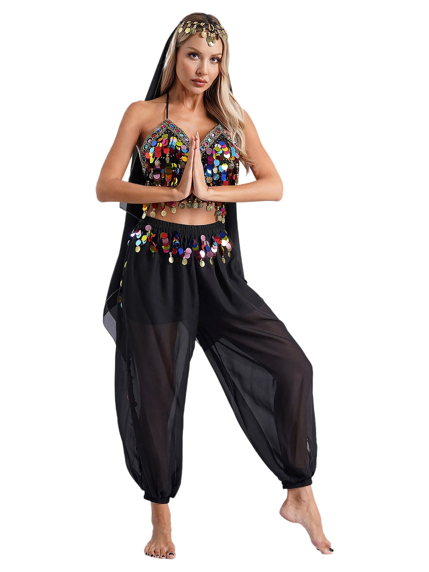 Damen Bauchtanz Prinzessin Kostüm Pailletten Top Harems hose mit Kopfs ch leier für indische Bollywood Halloween Party Bühnen performance