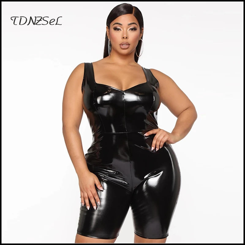Women's PU Leather Jumpsuits, Sexy V Neck, Sleeveless, Skinny, Stretch, PU Rompers, Lady Bodycon Overalls, Custom