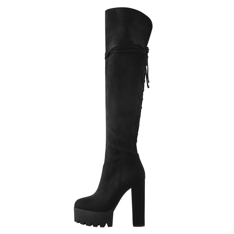 Nur Hersteller über dem Knie Stiefel Frauen schwarze Plattform High Heel Stiletto hohen Reiß verschluss plus Größe hand gefertigte Stiefel