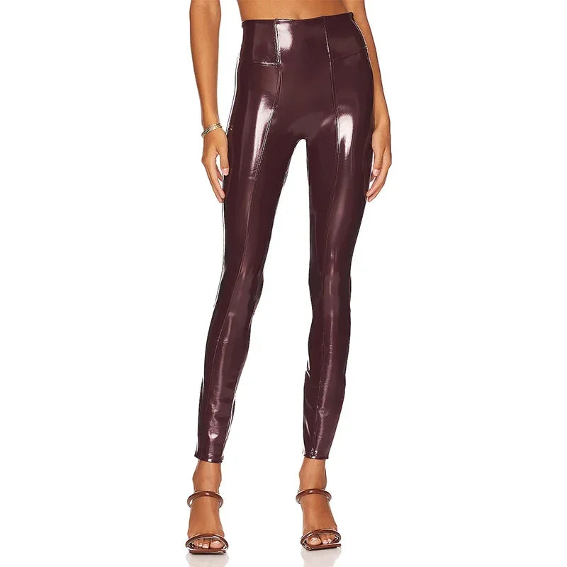 Glänzende Lack leder Leggings Frauen Kunst latex hohe Taille Bleistift hose schlanke Stretch Bodycon Spleiß hose Clubwear benutzer definierte