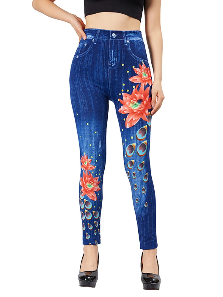 CUHAKCI Lotus Print Imitation Denim Leggings Fake Women Slim Fit Stretch Jeggings Blue Breathable False Jeans Pencil Pants