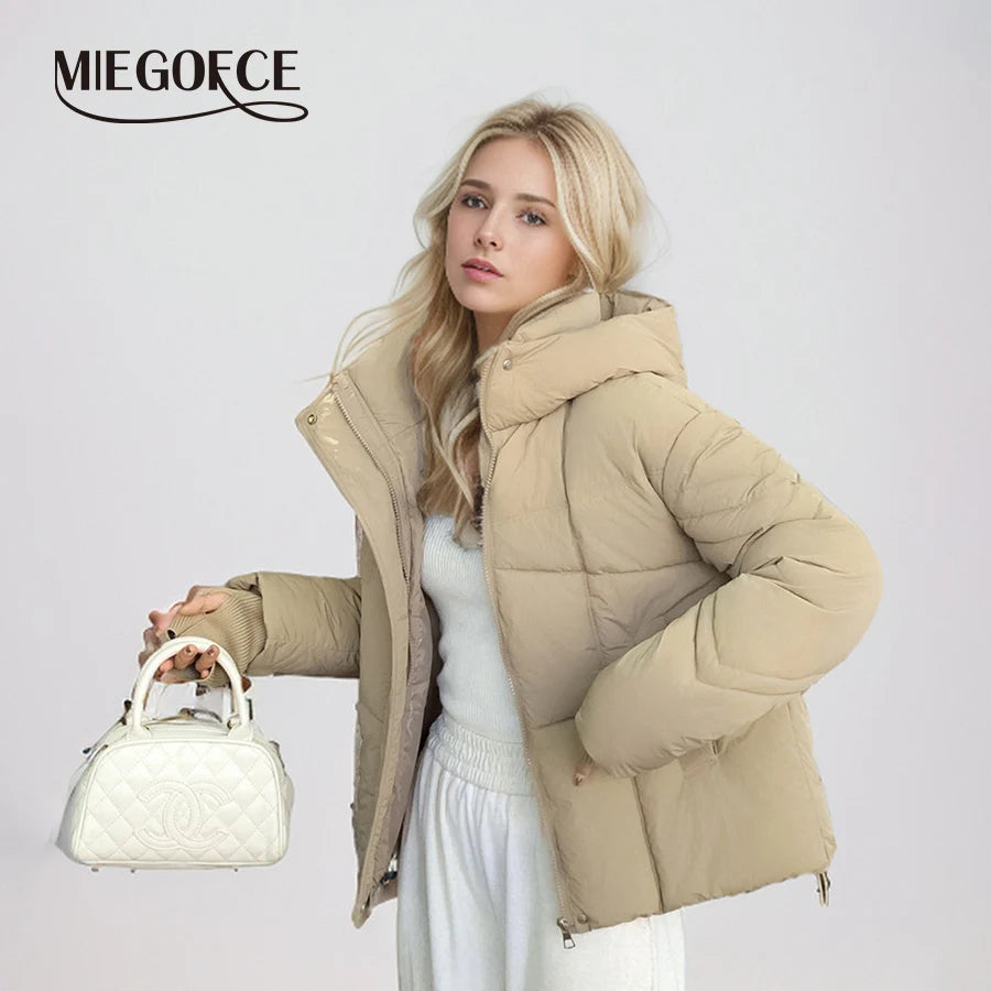 MIEGOFCE Frühling Herbst Kurze Frauen Jacke Große Tasche Stehkragen Mit Kapuze Mantel Warme Gestrickte Gewinde Hülse Parka MZ-24585