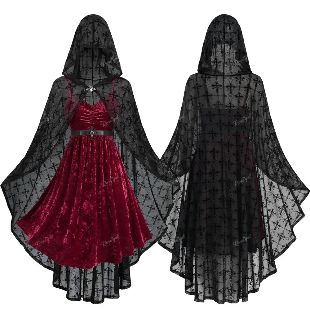 ROSEGAL Damen-Kleid und Umhang in Übergröße mit Gürtel, rote Rüschen, gerüschtes Samt-Cami-Kleid, schwarze Beflockungs-Mesh-Kapuzenponchos