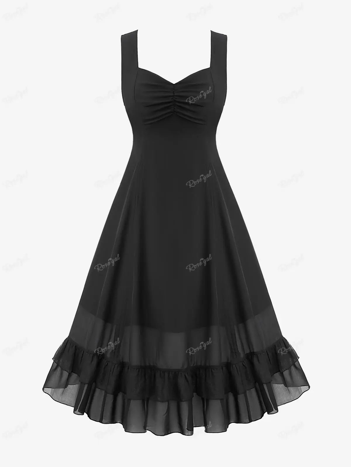 Rosegal Plus Size Damen kleider Gothic geraffte geschichtete Rüschen festes schwarzes Kleid Sommer Schatz Hals ärmellose Vestidos