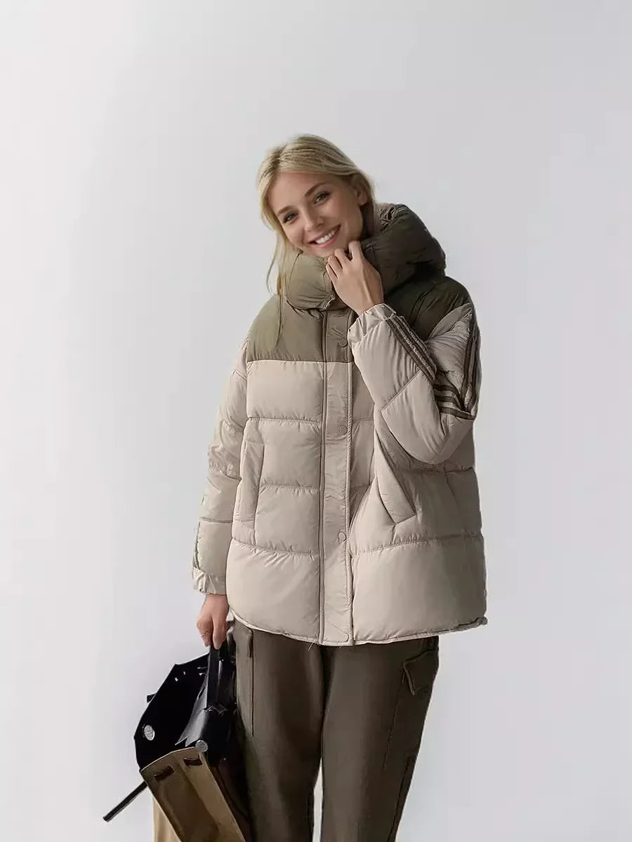 2024 neue Winter Damen jacke Kontrast lässig Kapuze Daunen Baumwoll jacke weiblich verdicken warme lose Puffer gepolsterte Parkas Mäntel