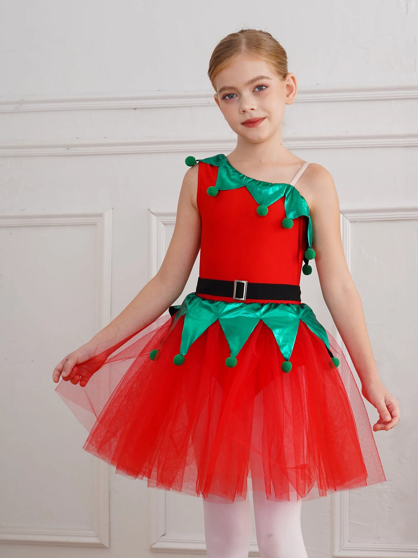 Kinder Mädchen eine Schulter Weihnachten Tanz Tutu Kleid Trikot Weihnachten Urlaub Party Santas Helfer Festivals Performance Kostüm