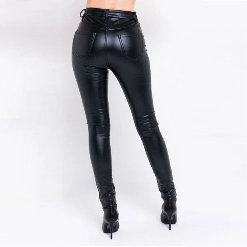 Schwarze PU-Lederhose für Damen, hohe Taille, gerade, schlanke Hose, Street Retro dünn, dehnbar, knöchel lang, sexy