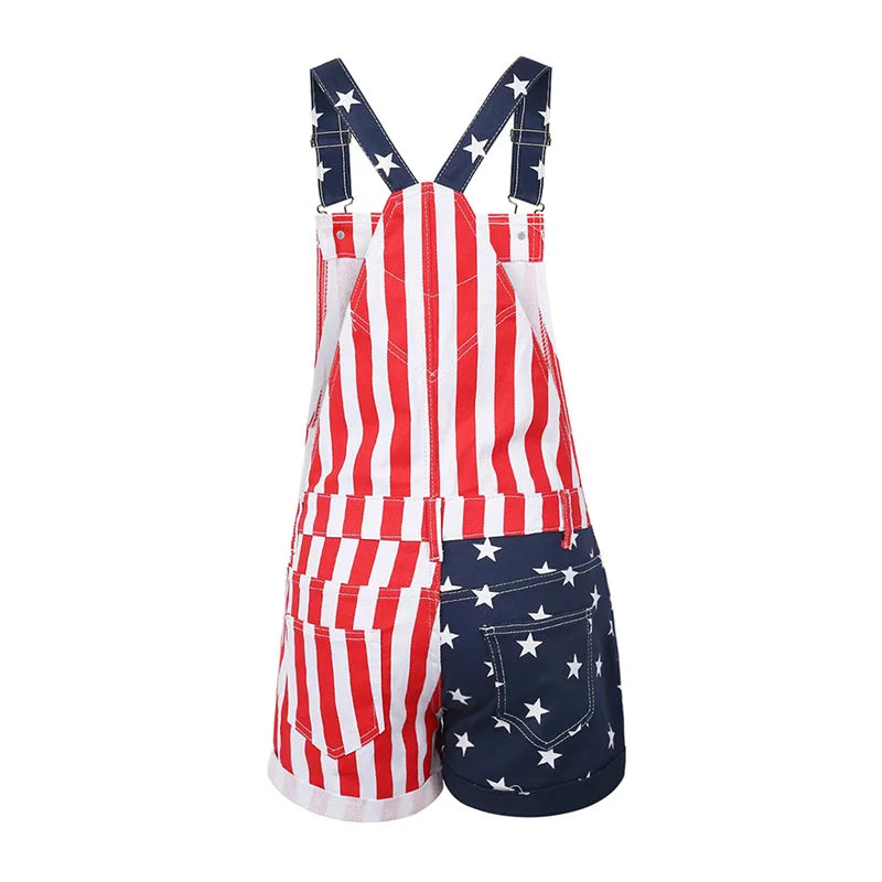 Neue Unabhängigkeit Tag Flagge Motive Strap Hosen Frauen Große Tasche Overall Shorts Weibliche Strampler einteiliges Hosen Urlaub Kleidung