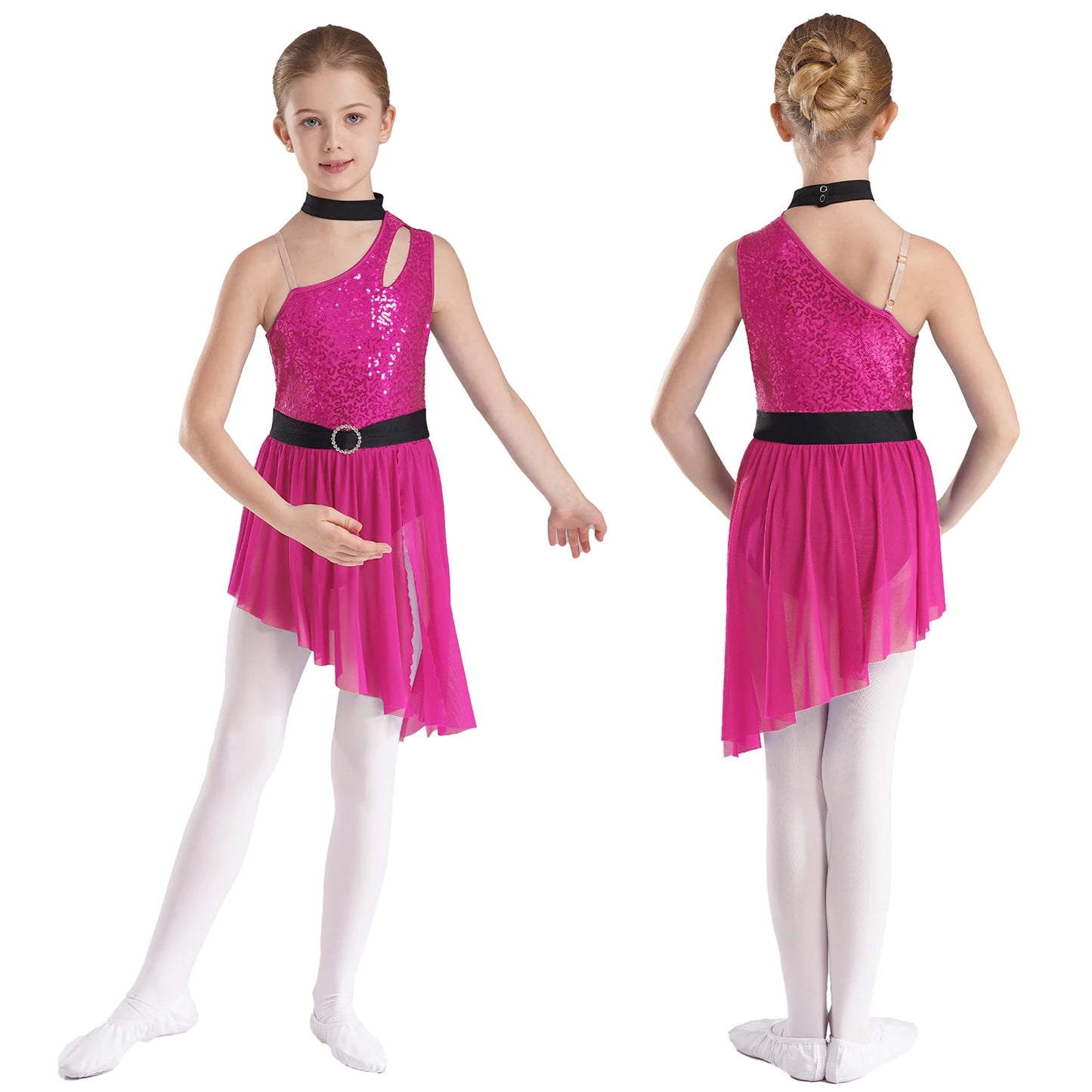 Kids Girls Lyrical Dance Costume Cutout One Shoulder Ballet Asymmetrical Tulle Dress Leotard Modern Contemporary Dancewear