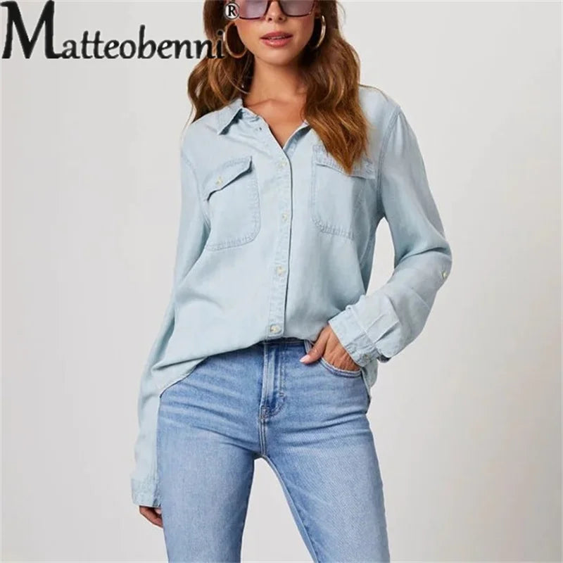 Herbst dünne Jeans hemd Damen einreihige Spleiß tasche Langarm Revers Tops Damen bequeme Pendler lässige Bluse