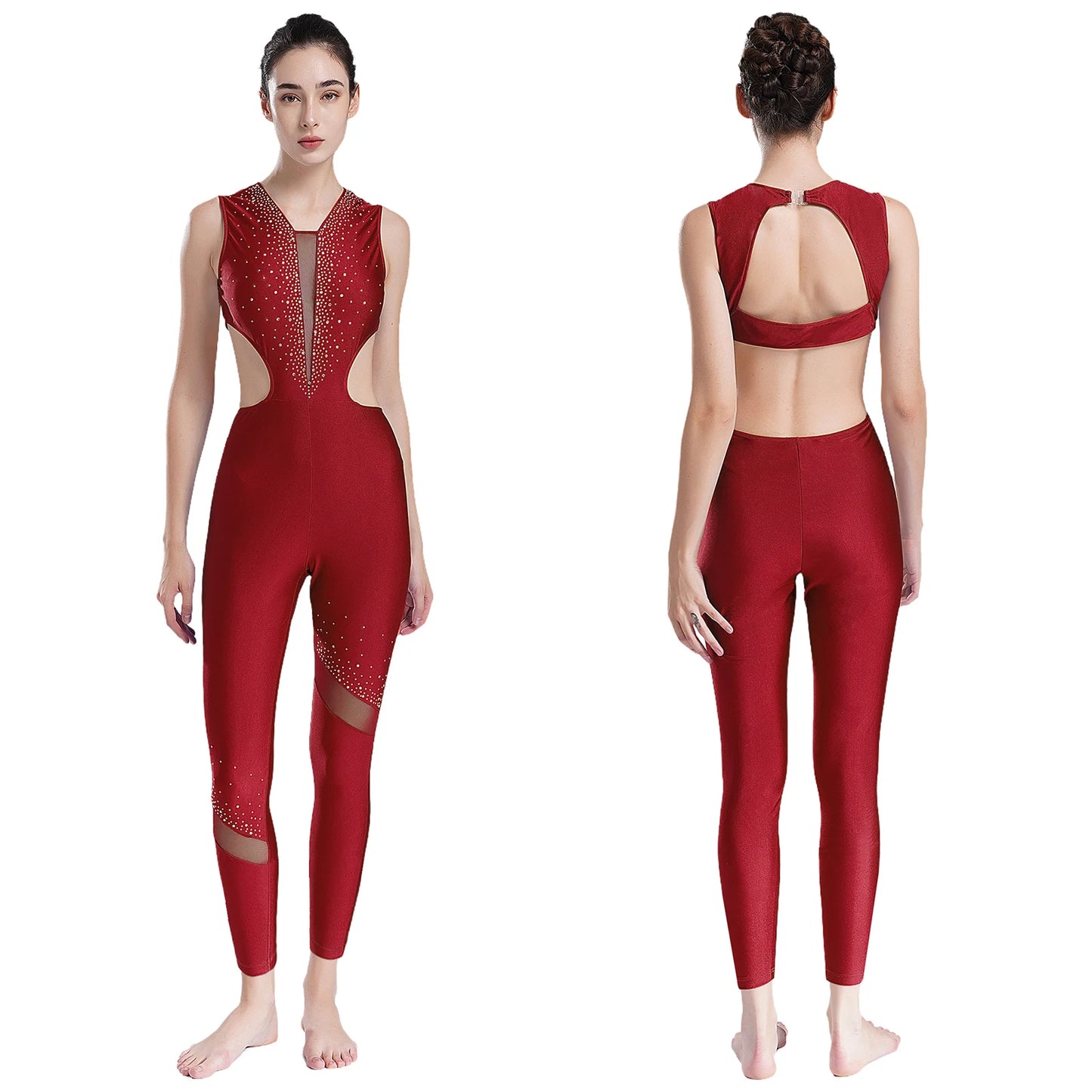 Damen Glitter Strass ärmellose Ausschnitt rücken freie Gymnastik Unitard Ballett Tanz Figur Eislauf Trikot Ganzkörper anzug