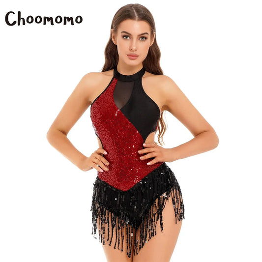 Damen Pailletten Quaste Fransen Flapper Latin Tanz kleid Trikot funkelnde Salsa Rumba Samba Cha-Cha Jazz Gesellschaft stanz Kostüm