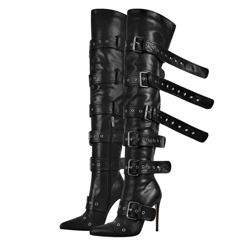 Only maker Frauen Schnalle Riemen über dem Knie Stiefel dünne High Heel Lady Reiß verschluss weibliche Oberschenkel hohe spitze Zehen Stiletto Stiefel