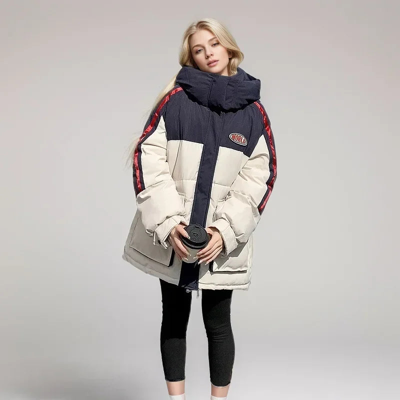 2024 Winter frauen Unten Jacke Neue Kontrast Nähte Design Unten Gepolsterte Jacken Mit Kapuze Stehkragen Verdicken Warme Jacke