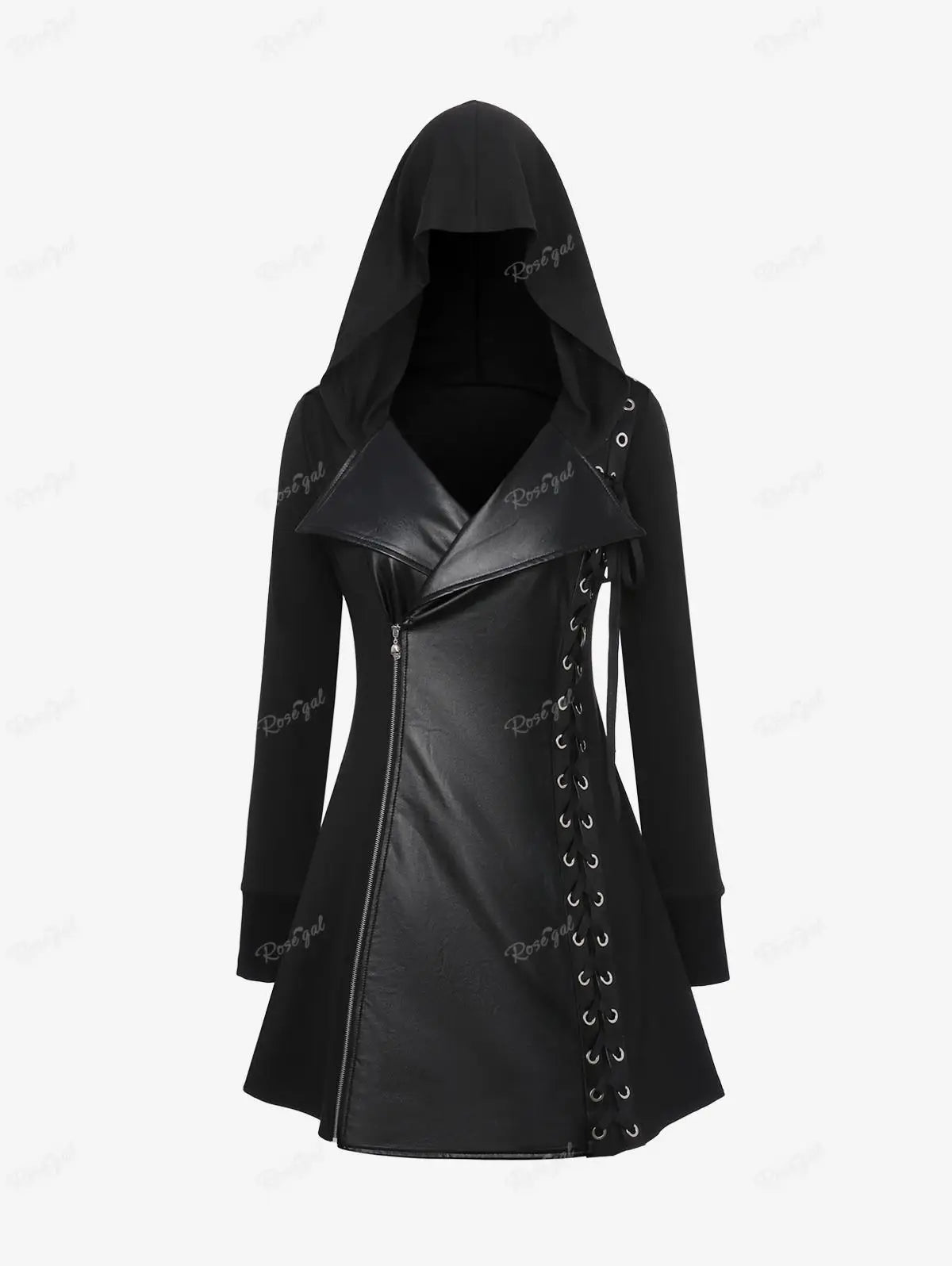 Rosegal Plus Size Gothic Pu Panel Kapuzen mäntel schwarz schlanke Outwear Turn-Down-Kragen Schnür geflochtene Tülle Seite Reiß verschluss Jacke Mantel