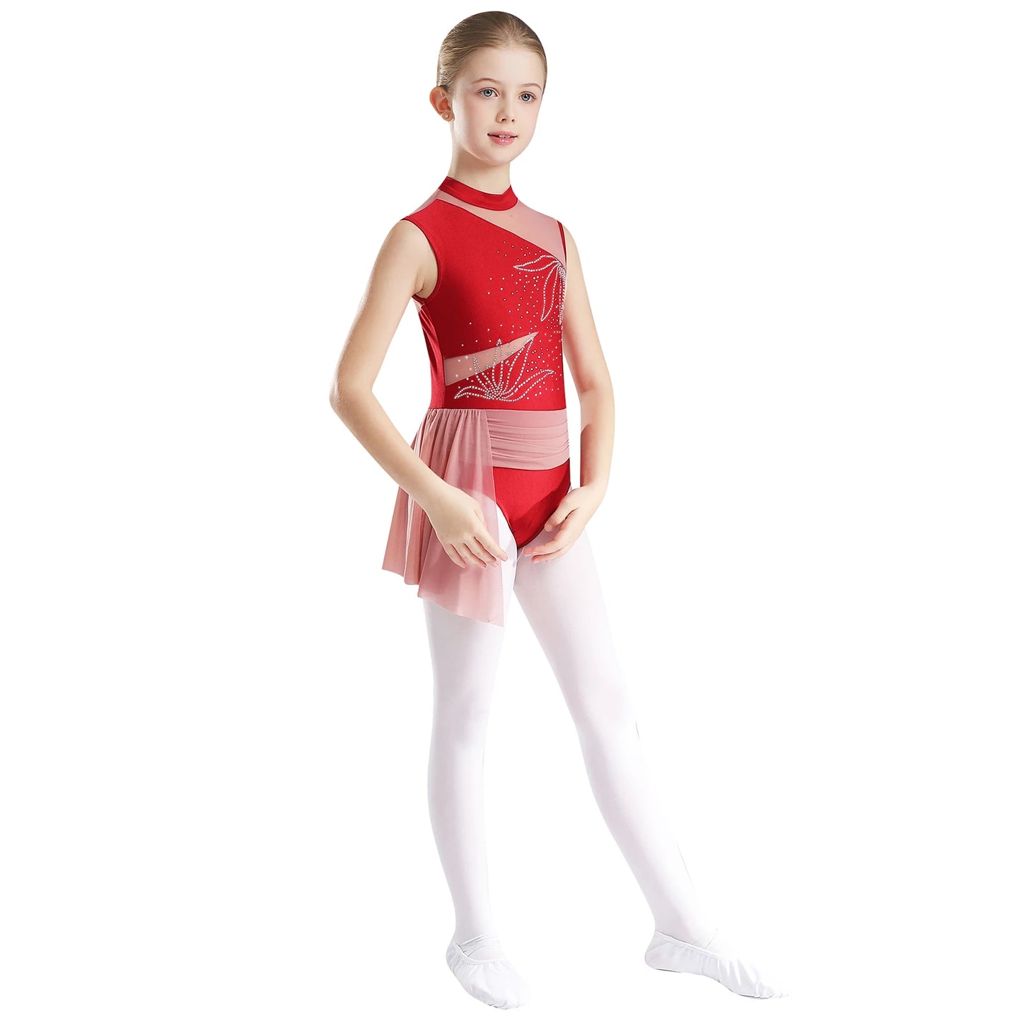 Kinder Mädchen Glitzer Strass Blumen Ballett Tanz unregelmäßiges Kleid Rocked Trikot Gymnastik Bodysuit Ballerina Dance wear