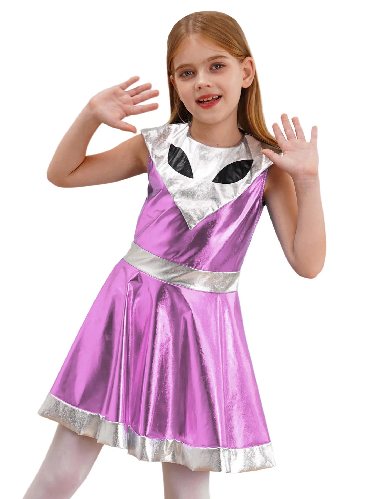 Kinder Mädchen Galaxy Outer Space Cutie Kostüm Halloween Alien Shiny Metallic A-Linie Kleider für Karneval Festivals Cosplay Party