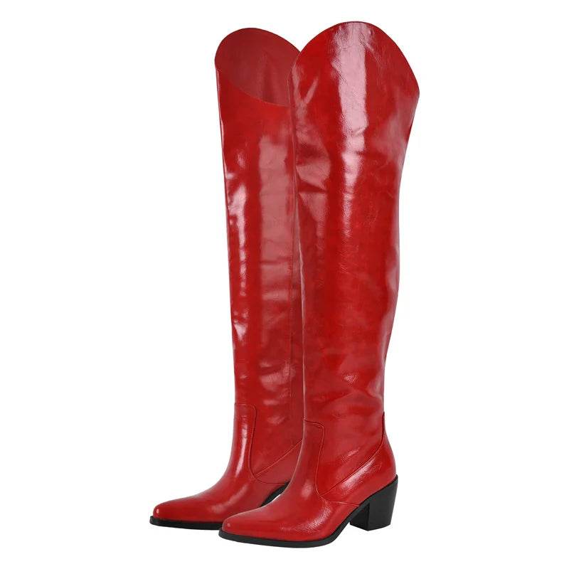 Onlymaker Damen-Overknee-Stiefel, rot, spitzer Zehenbereich, 6,5 cm Absatz, Winter-Oberschenkelstiefel