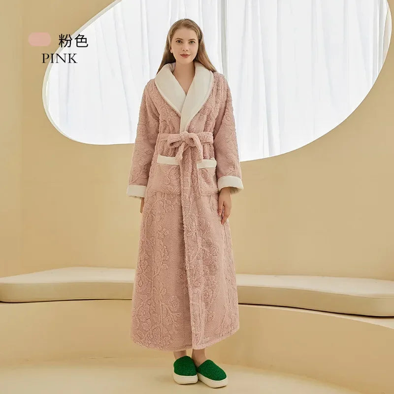 Luxus Dicke Paar Nachtwäsche Herbst Winter Flanell Robe Kimono Bademantel Kleid Hause Kleidung Lose Beiläufige Korallen Fleece Lounge Tragen