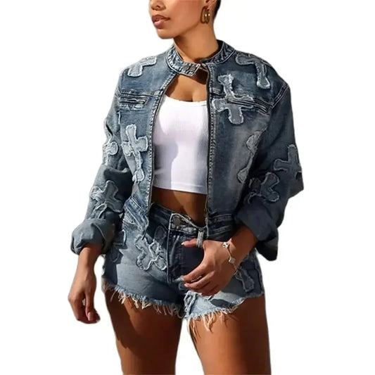 Frauen Vintage Stickerei Kreuz zweiteilige Sets Reiß verschluss Strickjacke Knopf Spleiß o Hals kurze Jacke weibliche Jeans anzüge Quaste Shorts