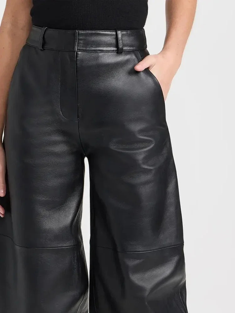 Hohe Taille matt Kunstleder Frauen Ballon hose schwarz Stretch Pu Damen lose gerade Hose lässig Unterhaltung benutzer definierte